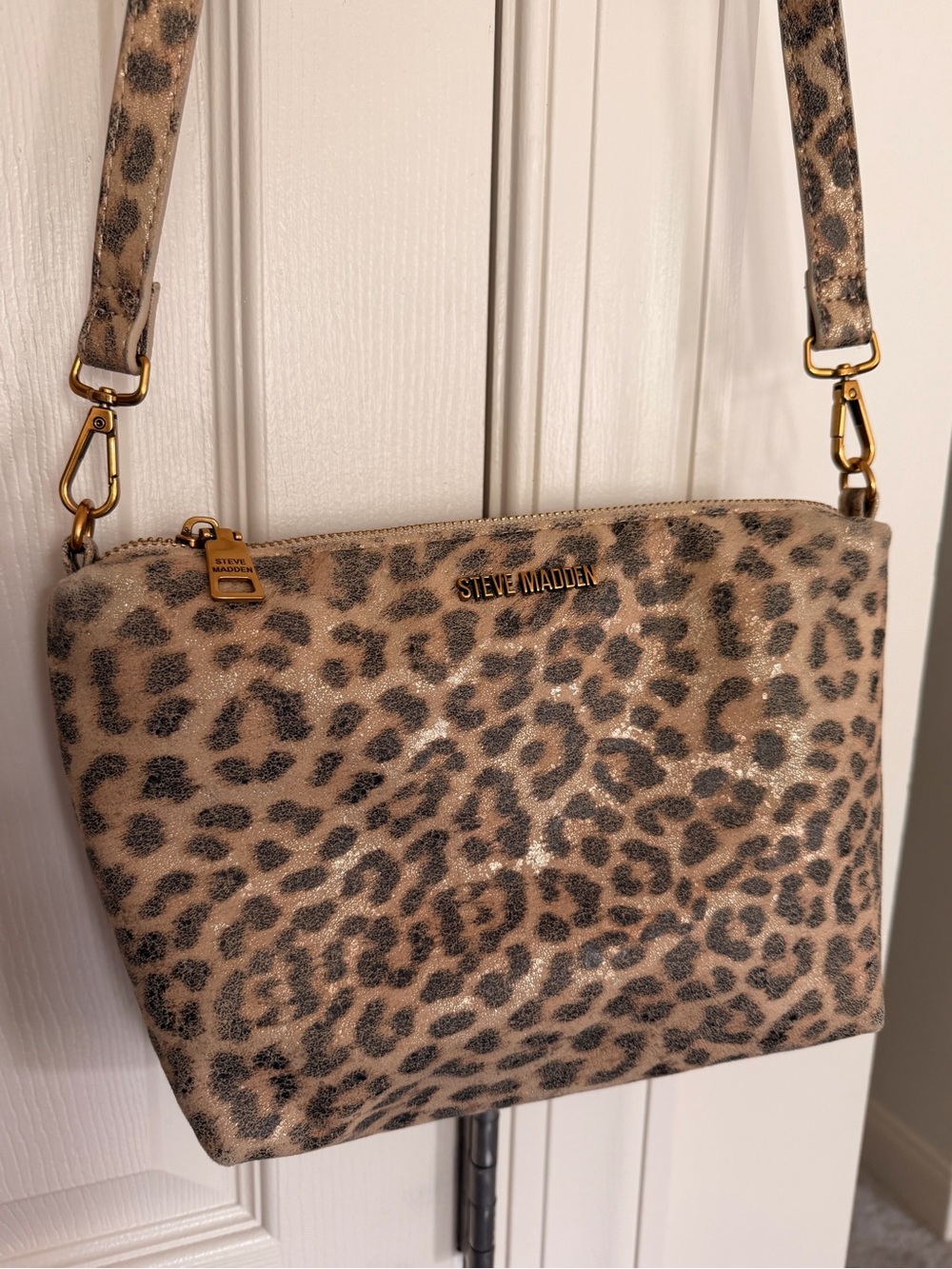 Steve Madden Leopard-Print Crossbody Bag in Beige and Black with Gold Hardware